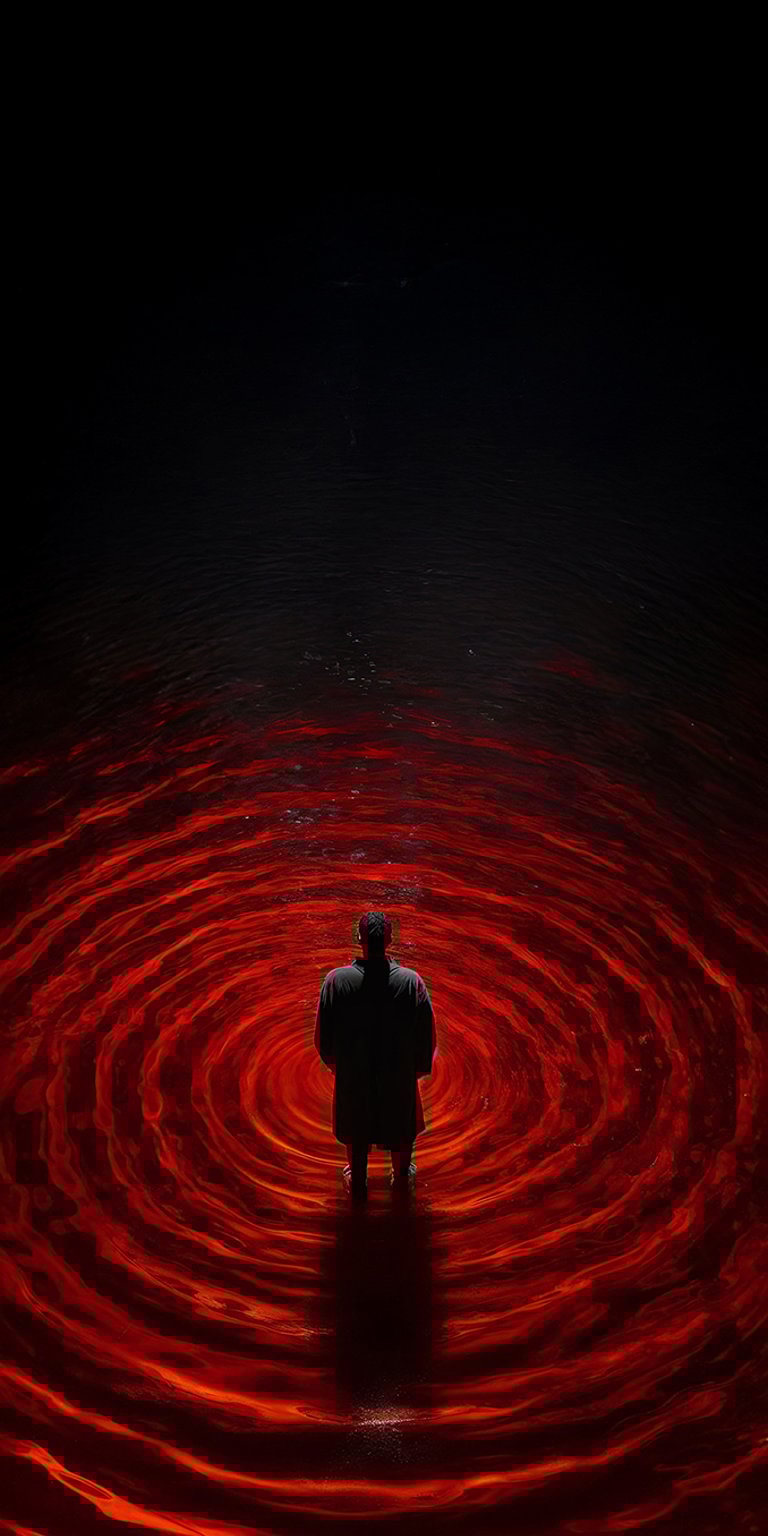 Man standing on the red circles wallpaper iPhone 4K