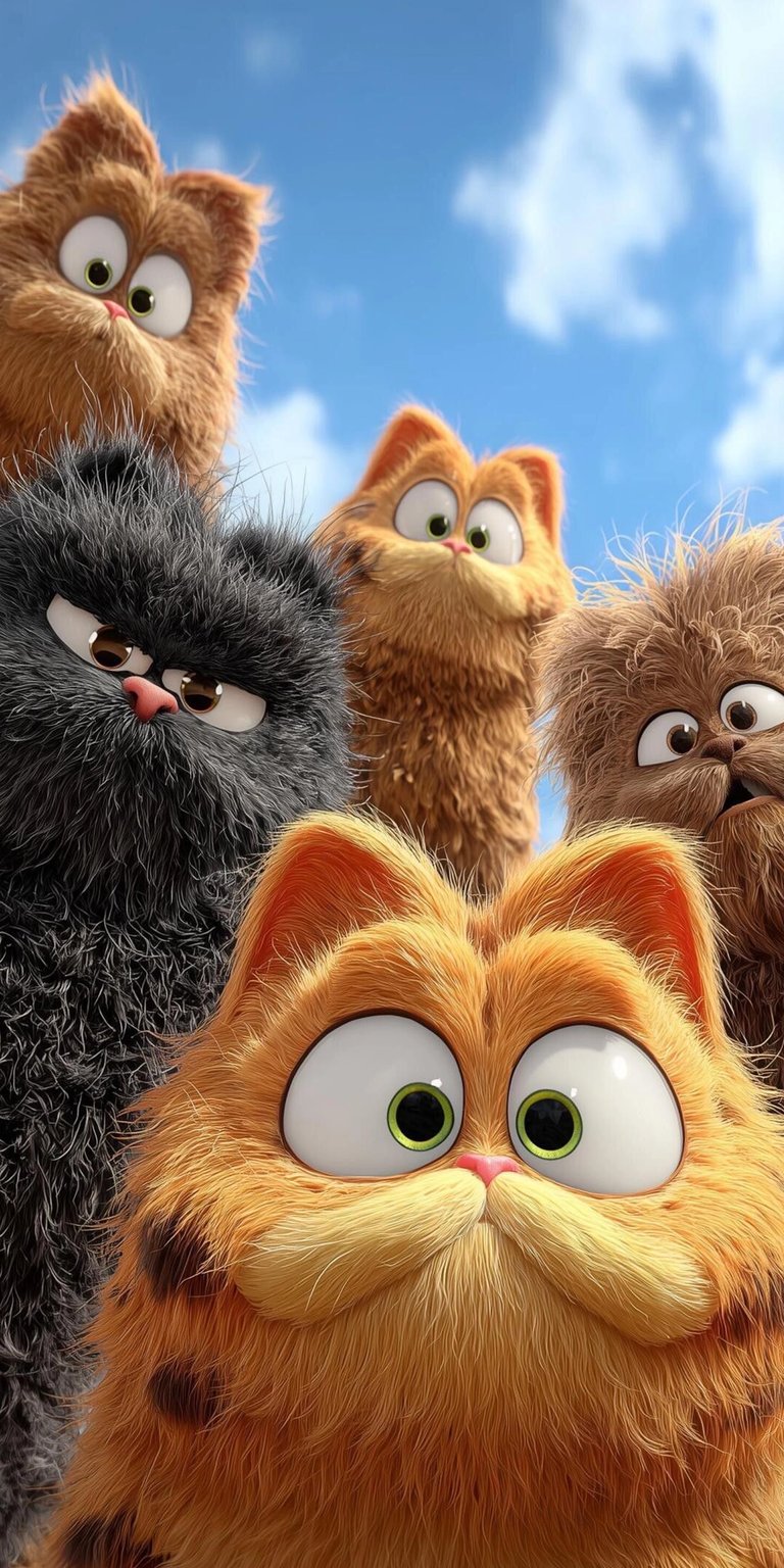 Download this Garfield movie 4K wallpaper for your iPhone! This vibrant wallpaper features several fluffy cats, including one with a grumpy expression and another with green eyes.
