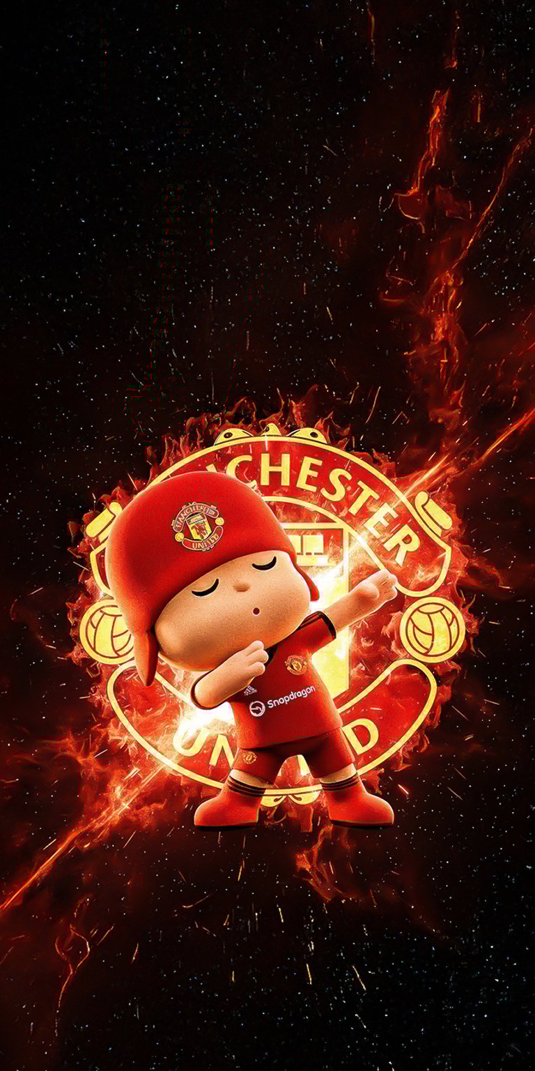 An illustration of the character Pocoyo dressed in a Manchester United football kit, standing proudly in front of a fiery, red-themed background featuring the club's "Red Devil" logo. This powerful and bold design is ideal for football fans and those who want a dramatic, team-spirited aesthetic for their screen.