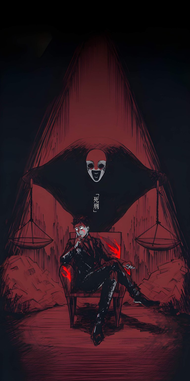 Download this Johan Liebert 4K wallpaper for your iPhone! This dark wallpaper features Johan Liebert in a suit, seated beneath a spooky mask and hanging scales.