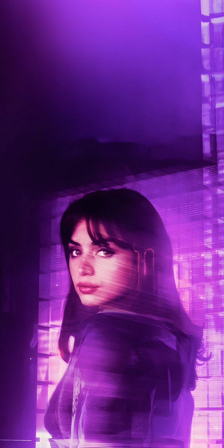 Download this Ana De Armas 4K wallpaper for your iPhone, showcasing her captivating gaze amidst a vibrant purple, glitched aesthetic. This wallpaper features dark hair and the image has digital cube patterns.