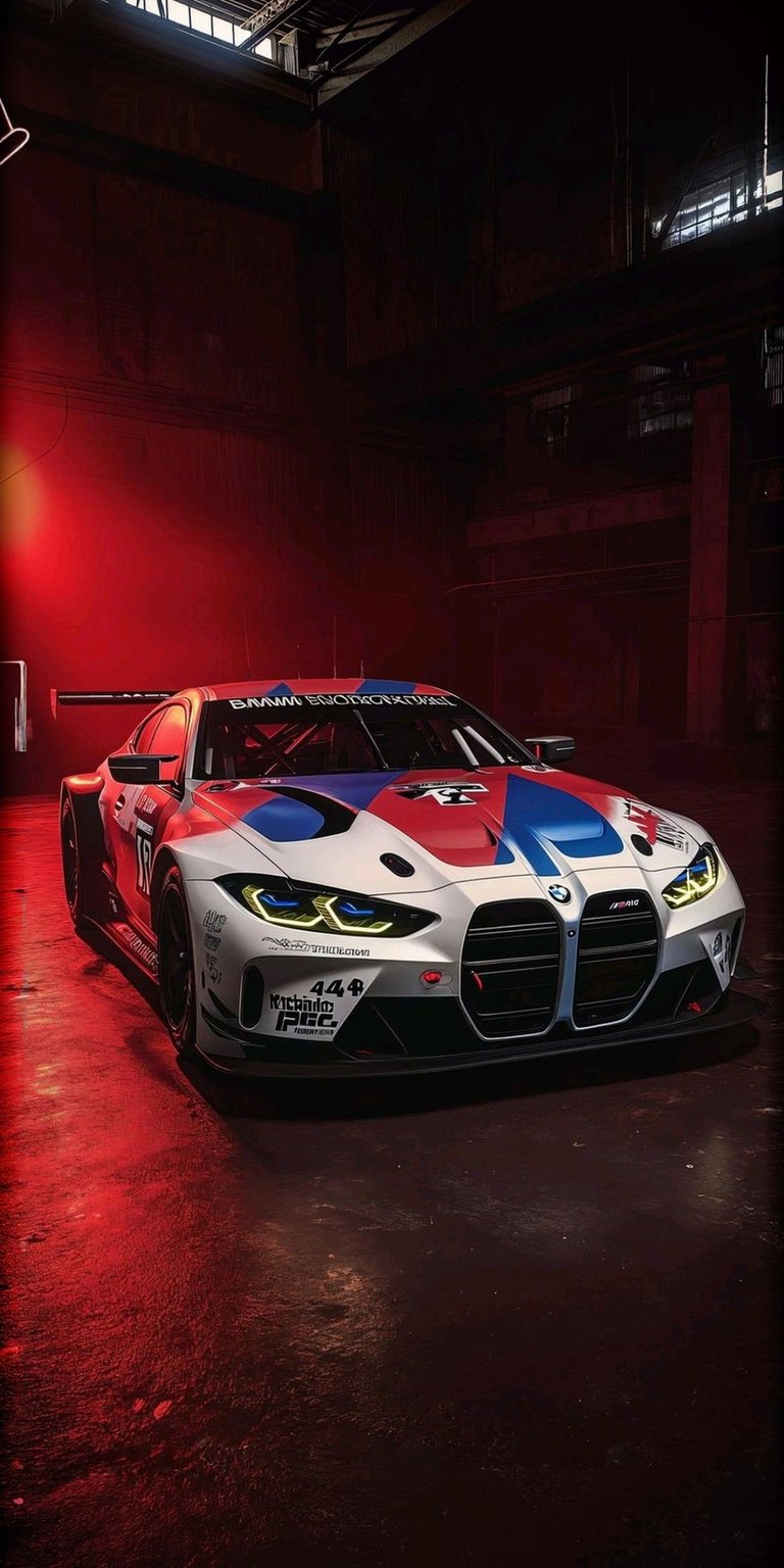 This BMW M4 GT3 4K static wallpaper features a high-performance race car in a dramatic, dimly lit industrial garage. Designed for iPhone, this aesthetic wallpaper showcases vibrant red lighting and bold racing livery to create a powerful, cinematic look.