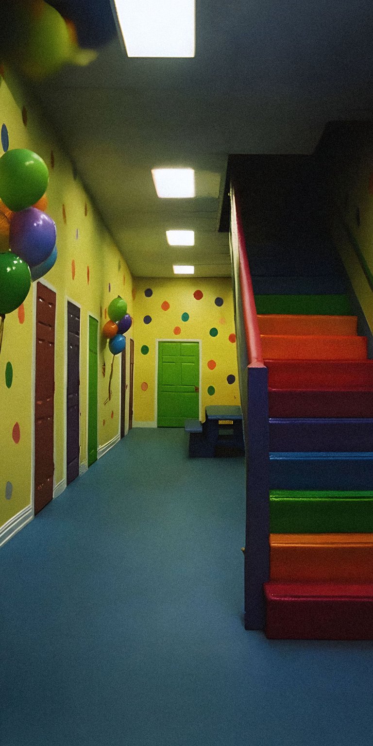 Download this Backrooms 4K wallpaper for your iPhone; this wallpaper features balloons and rainbow steps. The walls are polka-dotted and various colored doors line the hallway.