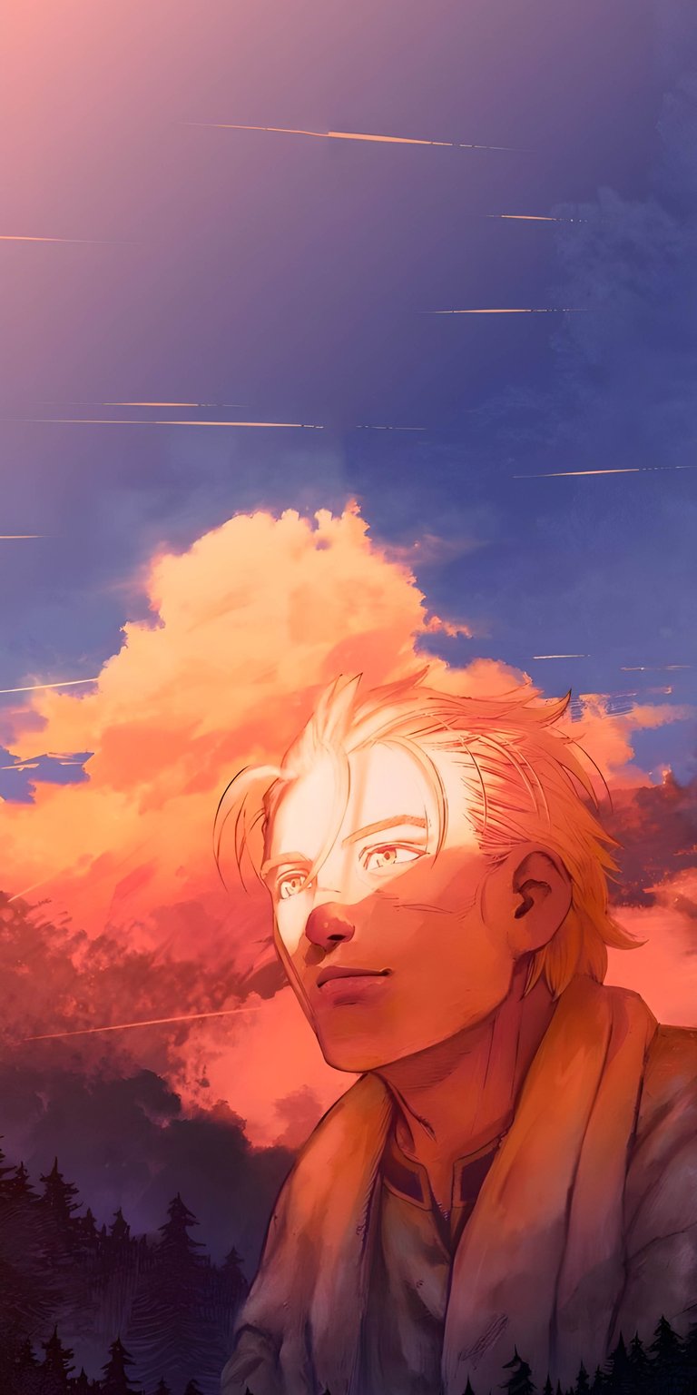 Download this Thorfinn wallpaper in stunning 4K resolution to enhance your iPhone! This wallpaper features a captivating view of Thorfinn against a vibrant sunset sky with wispy clouds and a peaceful forest backdrop.