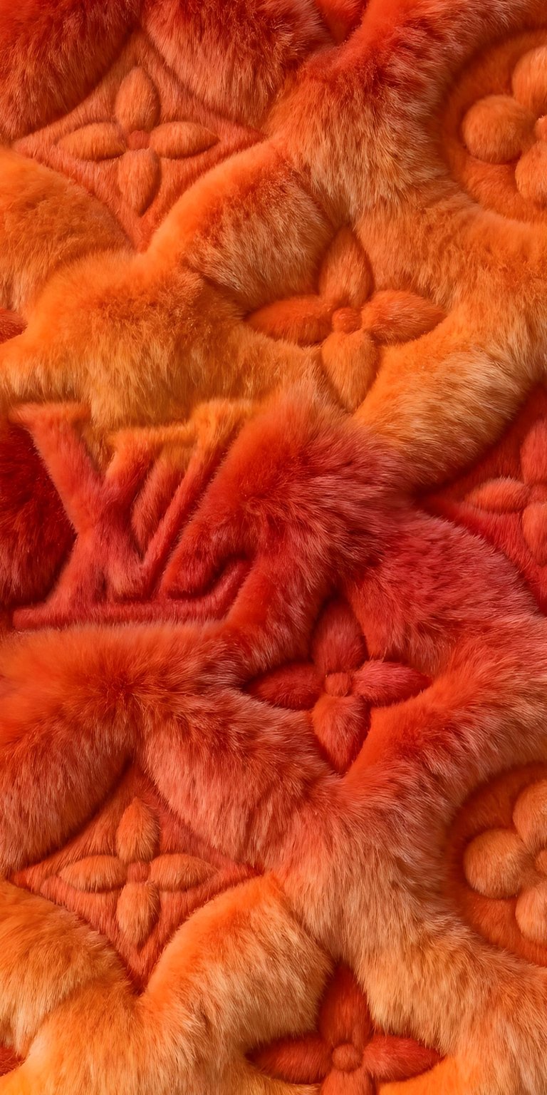 This high-end aesthetic wallpaper features a plush orange fur texture embossed with the iconic Louis Vuitton monogram pattern. Designed specifically for iPhone, the 4K wallpaper offers incredible depth and vibrant warm tones for a luxury home screen look.