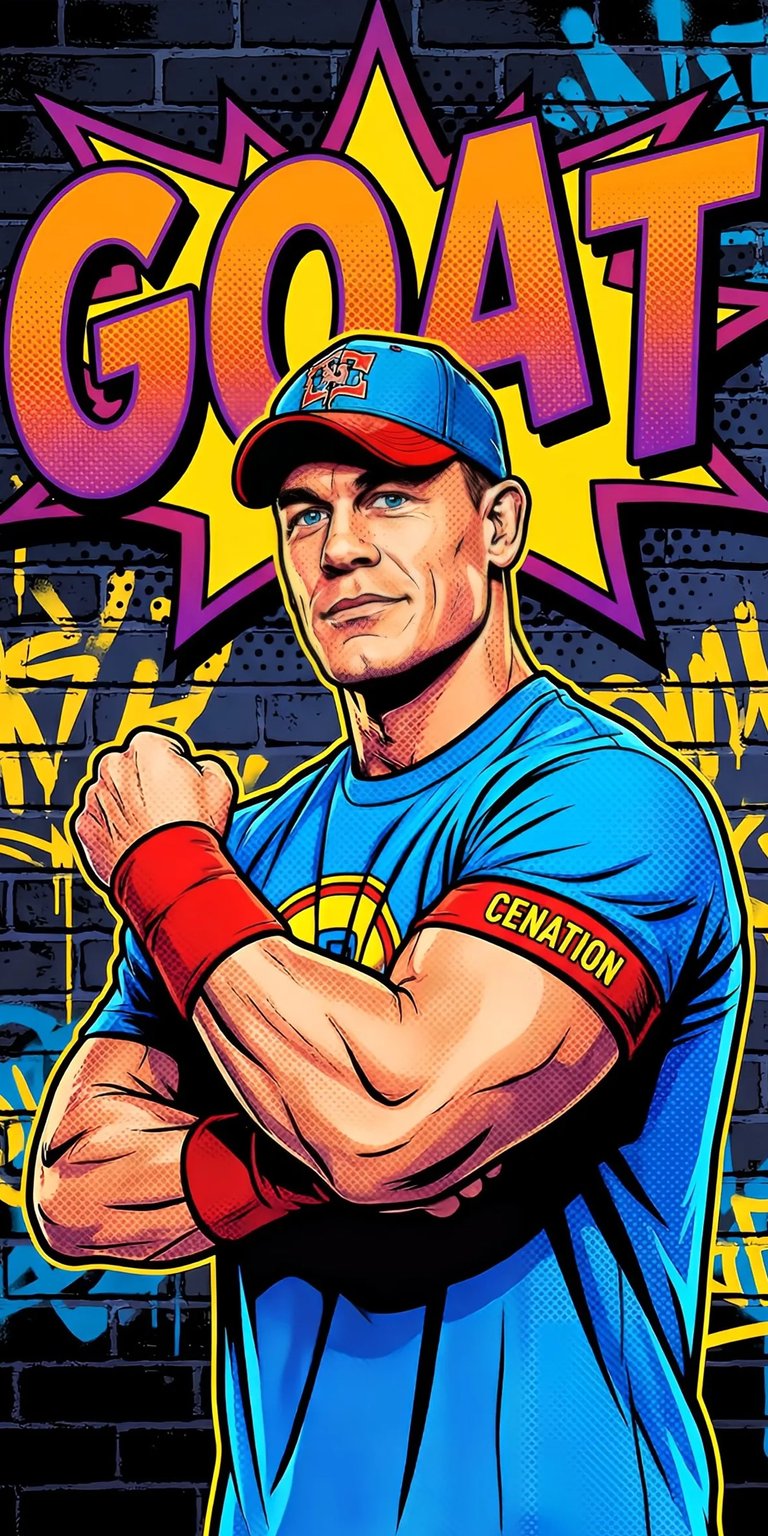 A powerful, illustrated depiction of WWE superstar John Cena, featuring his classic blue and red gear and the bold text 'GOAT' (Greatest of All Time). The artwork utilizes a strong, clean comic book style, emphasizing his strength and iconic status in professional wrestling. A must-have for wrestling and sports fans.
