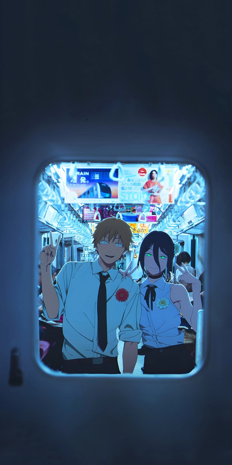 A vivid anime still featuring Denji and Power from Chainsaw Man standing inside a brightly lit Tokyo subway train. The glowing blue lights of the train interior contrast with the gritty, urban style of the characters, capturing the iconic duo's dynamic.