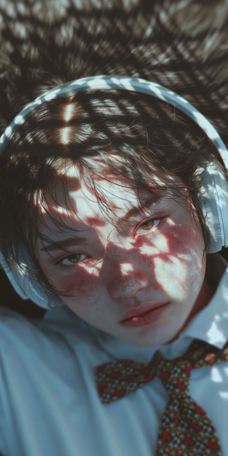 Download this mesmerizing 4K wallpaper of a girl with headphones for your iPhone. The wallpaper showcases light dappled across her face, accentuating her freckles and the subtle bow tie.