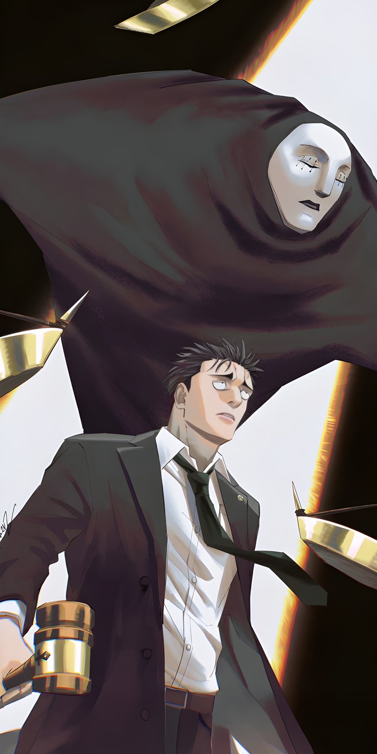 Download this amazing Higuchi 4K wallpaper for your iPhone today! This captivating wallpaper features Higuchi holding a golden gavel with a masked figure lurking above, all rendered in stunning detail.