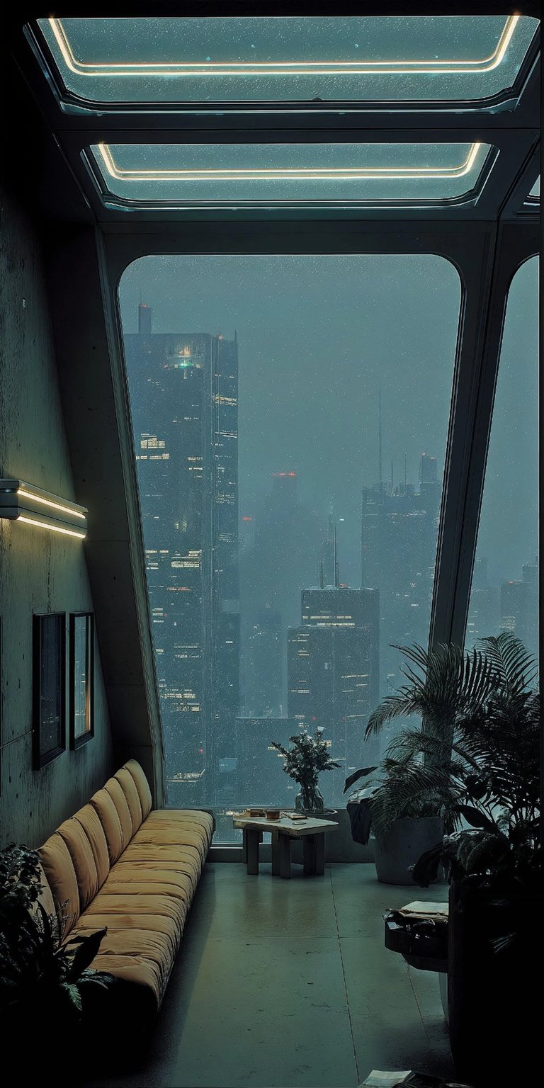 Download this stylish cityscape apartment 4K wallpaper for your iPhone, featuring a cozy yellow couch, minimalist coffee table, and lush plants. This high-resolution wallpaper brings an urban yet natural aesthetic to your device.