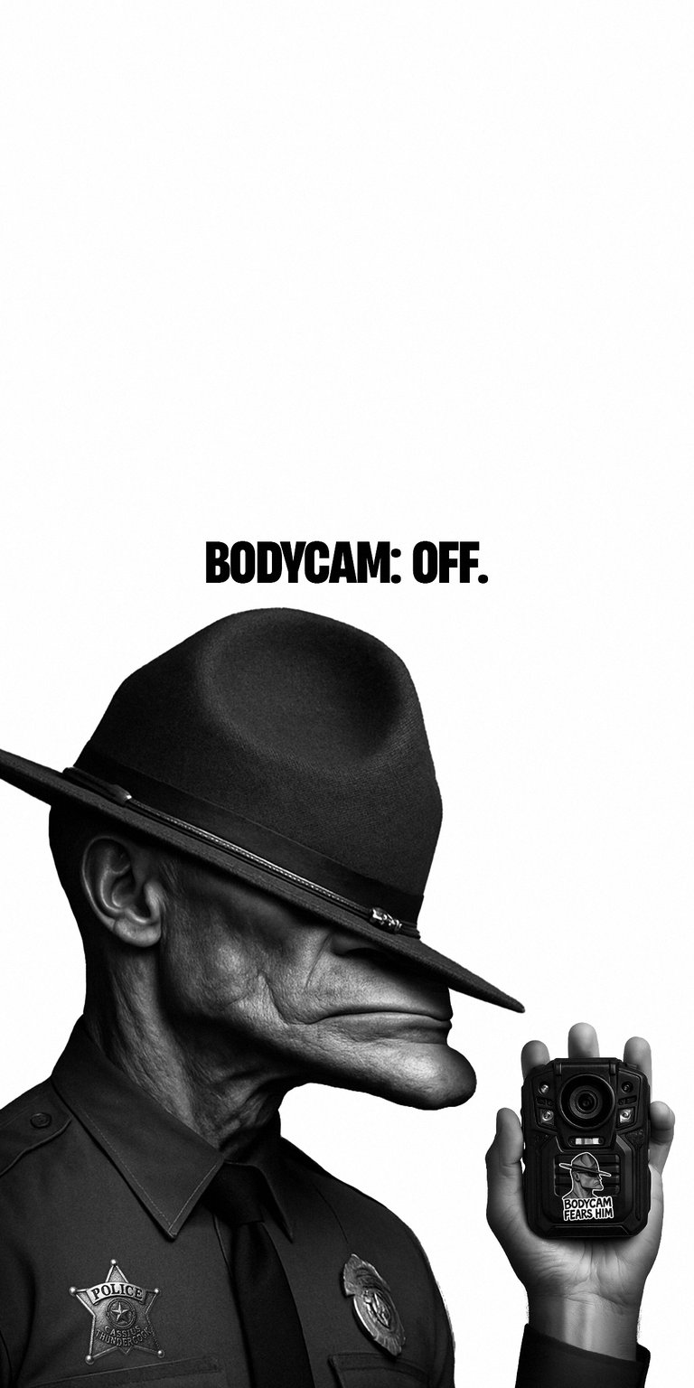 Download this arresting Bodycam Cop 4K wallpaper for your iPhone. This stark wallpaper showcases a police officer with a fedora and his bodycam, with a stark "BODYCAM: OFF" message above.