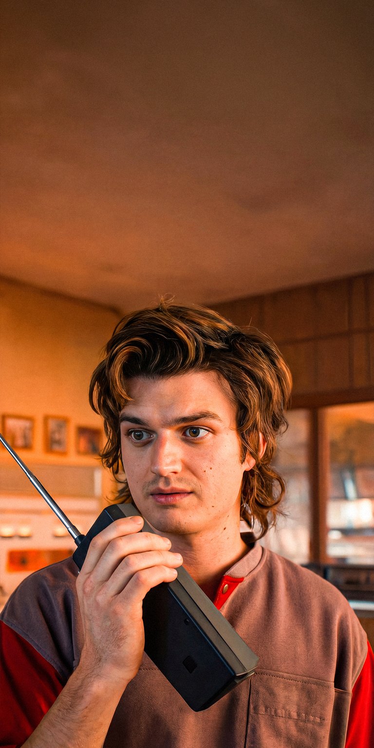 Get this cool Steve Harrington 4K wallpaper for your iPhone, featuring the character holding a walkie-talkie. This stunning wallpaper captures Steve's distinctive hairstyle and retro outfit.