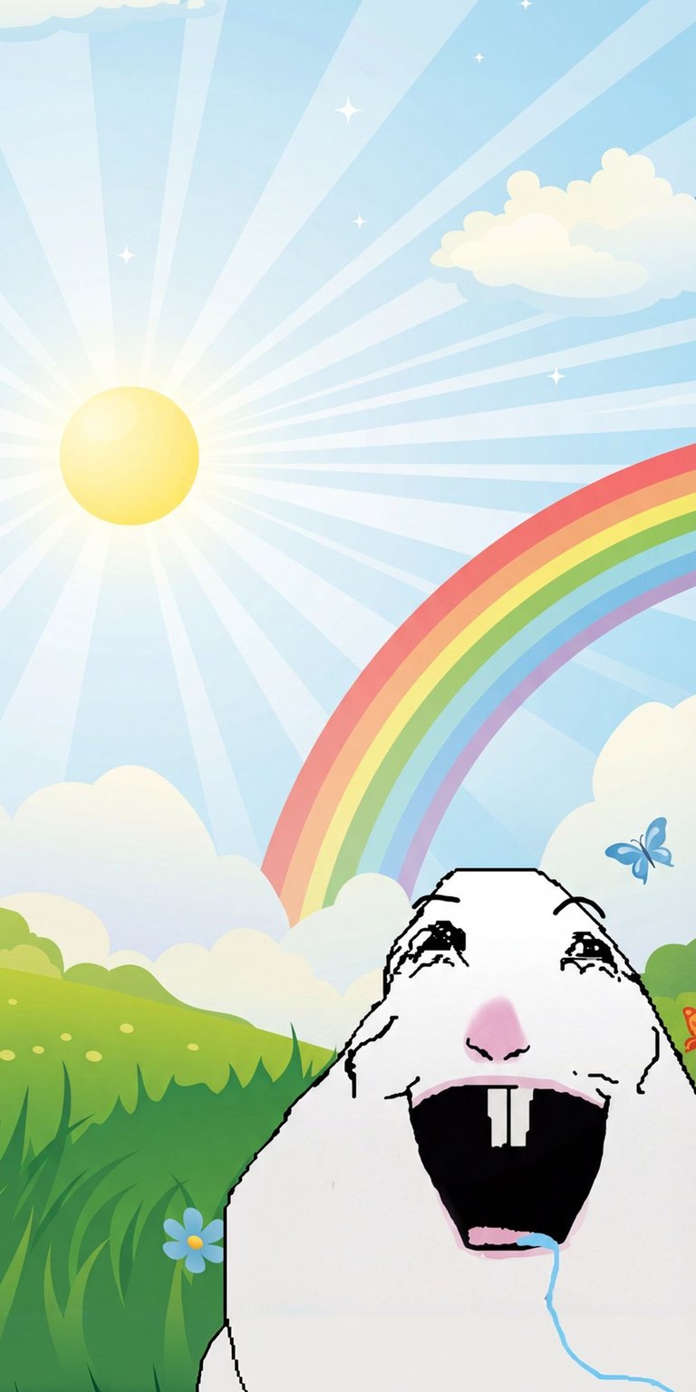 Download this Crying Wojak Bunny 4K wallpaper for your iPhone today! This stunning wallpaper features a sobbing bunny character with prominent teeth set against a backdrop with a bright sun, rainbow, and a blue butterfly.