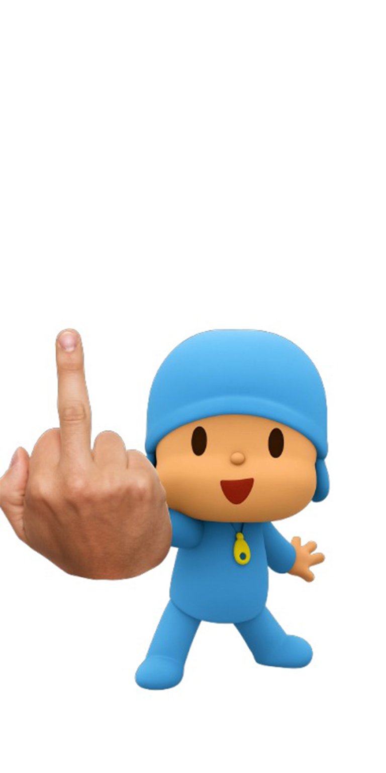 This striking 4K wallpaper features Pocoyo beside a raised middle finger, perfect for iPhone users with a bold sense of humor. The cartoon character's all-blue outfit and yellow pendant adds a pop of color against the otherwise white background, making it a standout wallpaper choice.