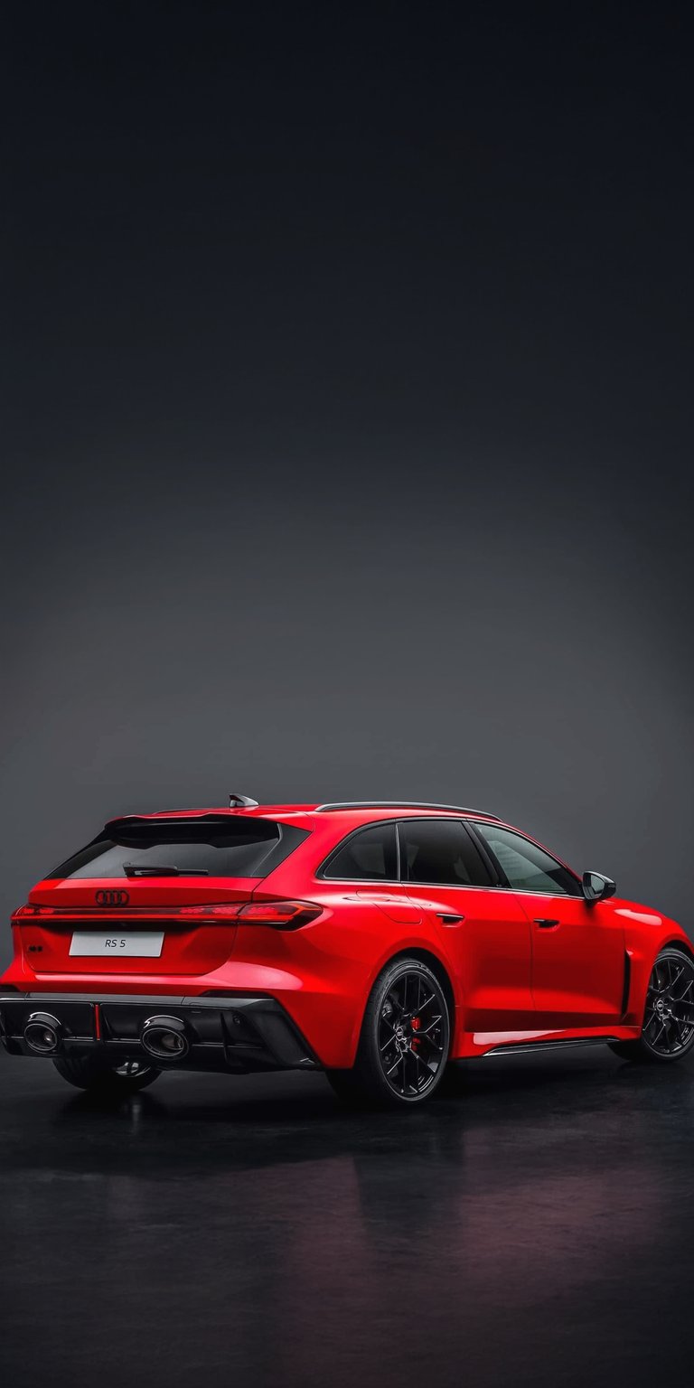 A stunning red Audi RS5 Sportback captured from a low rear angle against a moody grey studio backdrop. This 4K wallpaper brings a bold automotive aesthetic to any iPhone display.