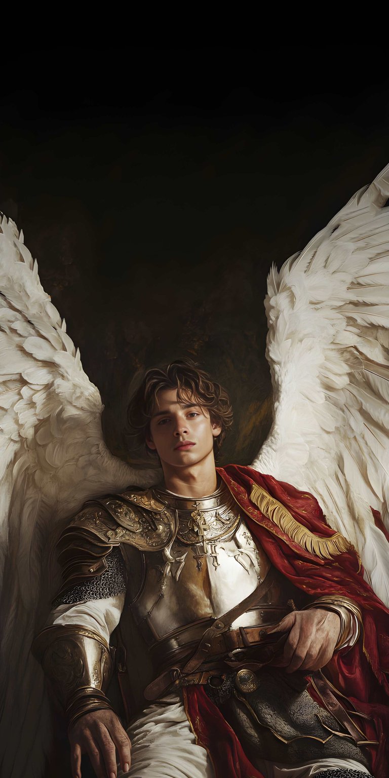 Angel Warrior 4K wallpaper featuring a white-winged knight in golden armor against a dark dramatic background. This aesthetic wallpaper highlights detailed wings and soft lighting, perfect for iPhone lock screen and home screen.