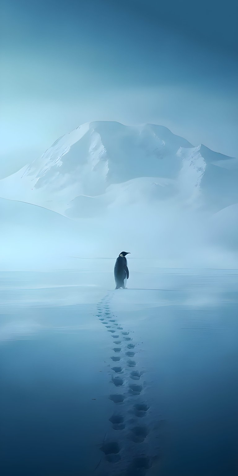 This stunning 4K wallpaper features a solitary penguin walking across a snowy landscape, leaving a trail of footprints. The serene blue tones and distant mountain make this penguin wallpaper perfect for your iPhone.