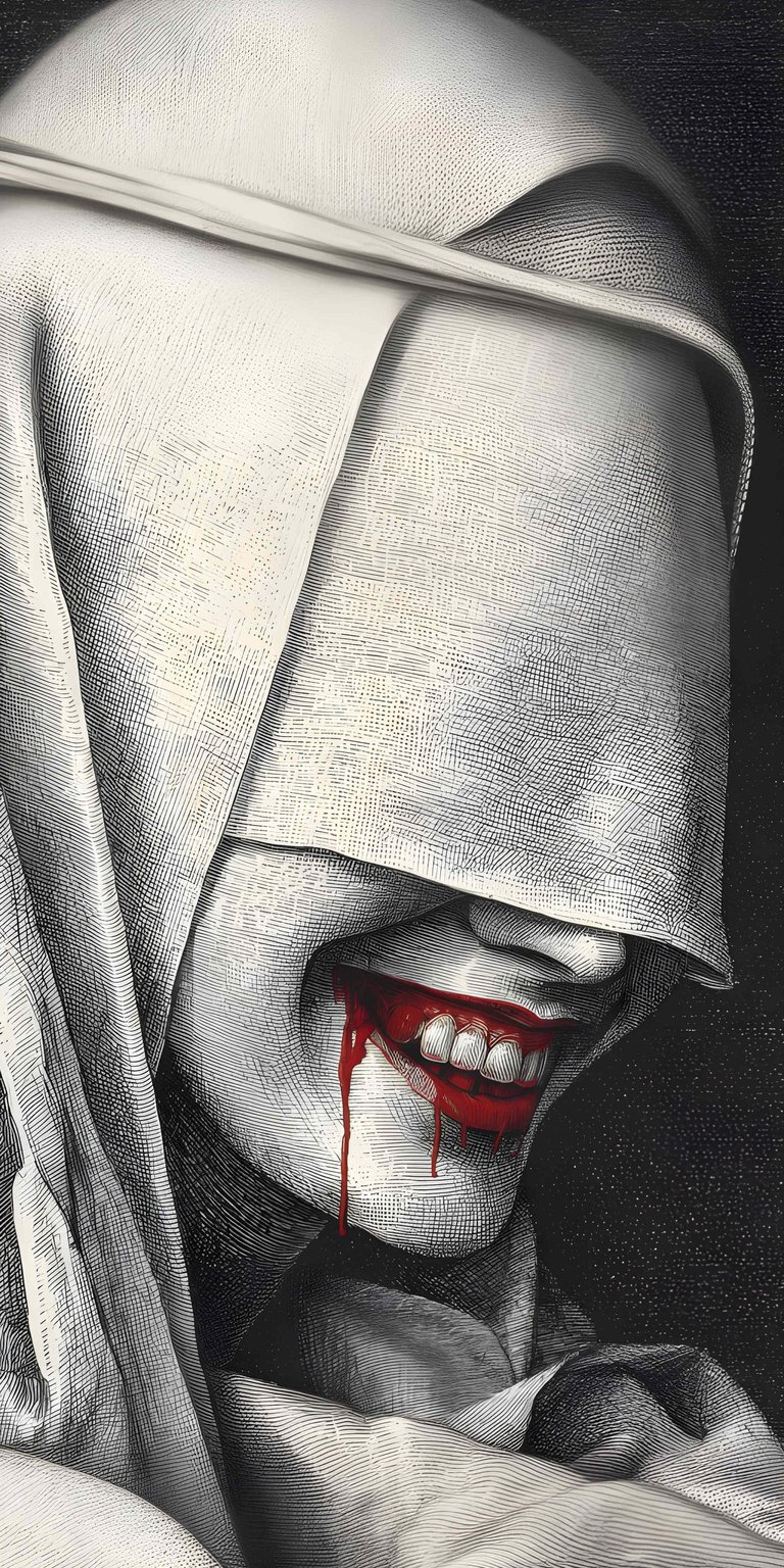 Get this eerie Bloody Nun wallpaper for your iPhone in 4K resolution. This striking wallpaper features a nun's habit, blood dripping from the mouth, and intricate cross-hatching.