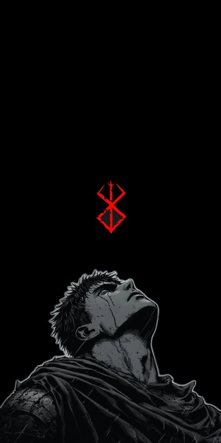 Download this high-quality Guts wallpaper in 4K, perfect for your iPhone. The wallpaper features Guts with tears streaming down his face, gazing upwards at the Brand of Sacrifice.