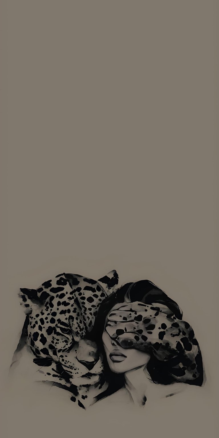 This high-quality 4K wallpaper features an artistic illustration of a leopard and a woman's face on your iPhone. This minimalist wallpaper utilizes a muted grey palette and soft sketching to create a mysterious, sophisticated mood.