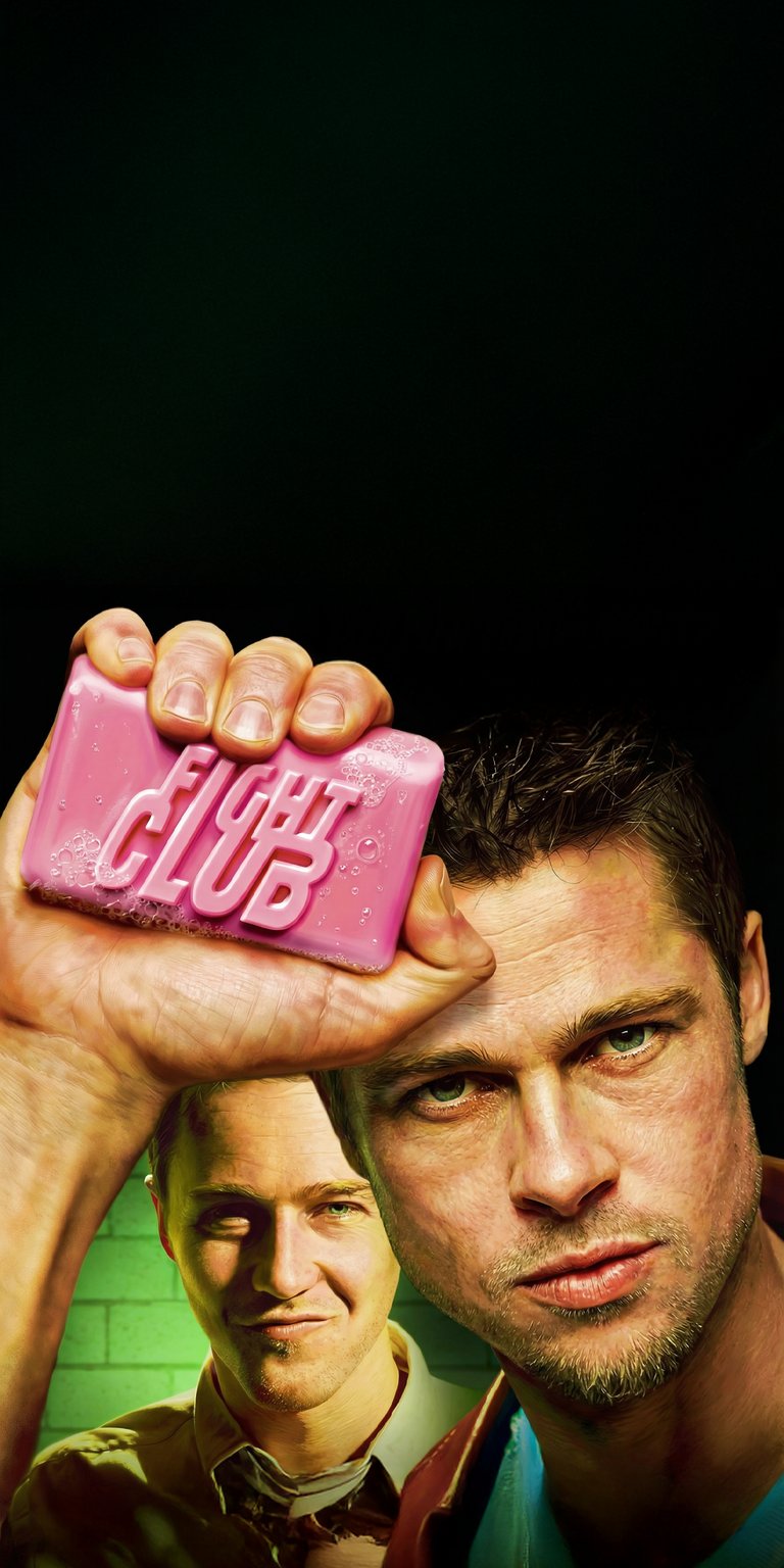 An intense 4K vertical wallpaper focusing on Tyler Durden (Brad Pitt) with a subtle, yet dark aesthetic. Tyler is holding a pink bar of soap emblazoned with the "FIGHT CLUB" logo, referencing his early business venture. The composition is a powerful close-up featuring both Tyler and the Narrator (Edward Norton) in the background, making it an iconic piece of movie memorabilia.