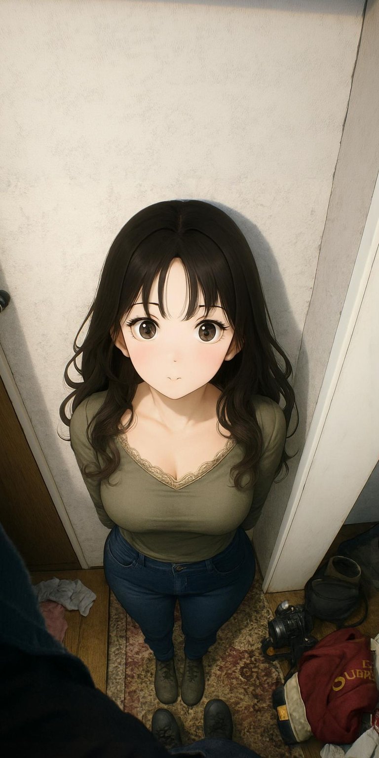 Elevate your iPhone with this stunning 4K wallpaper of an anime girl! Her big, expressive eyes and wavy dark hair are beautifully rendered, while a vintage camera sits beside a red duffle bag on the floor; making this wallpaper a unique choice.