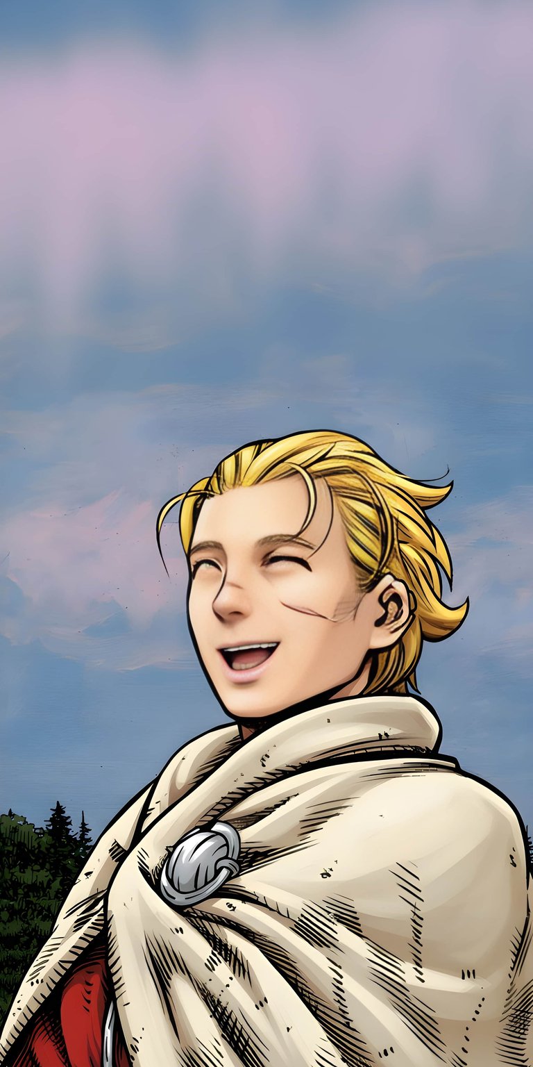 Download this Thorfinn wallpaper in stunning 4K resolution for your iPhone, showcasing his blonde hair, youthful scar, and white cloak held by a decorative pin. This beautiful wallpaper will bring life to your mobile device.