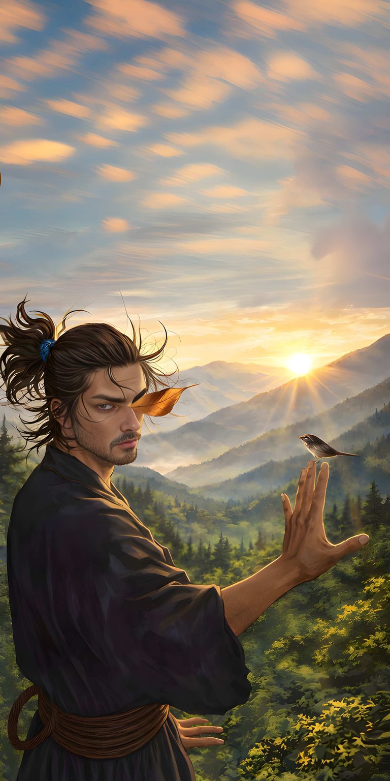 Download this stunning Miyamoto Musashi 4K wallpaper for your iPhone, showcasing Musashi with a leaf over his eye and a bird perched on his hand. This beautiful wallpaper captures the serene morning landscape behind Musashi.