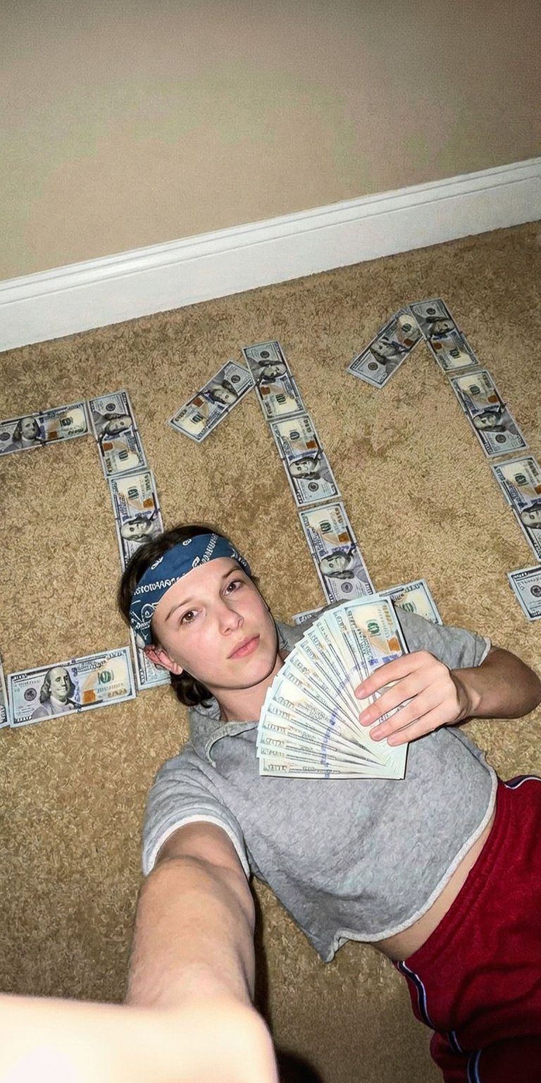Download this awesome Millie Bobby Brown 4K wallpaper for your iPhone, featuring the actress posing with a fan of money, with the number 111 constructed of hundred-dollar bills. This wallpaper brings a unique and playful vibe to your mobile device.