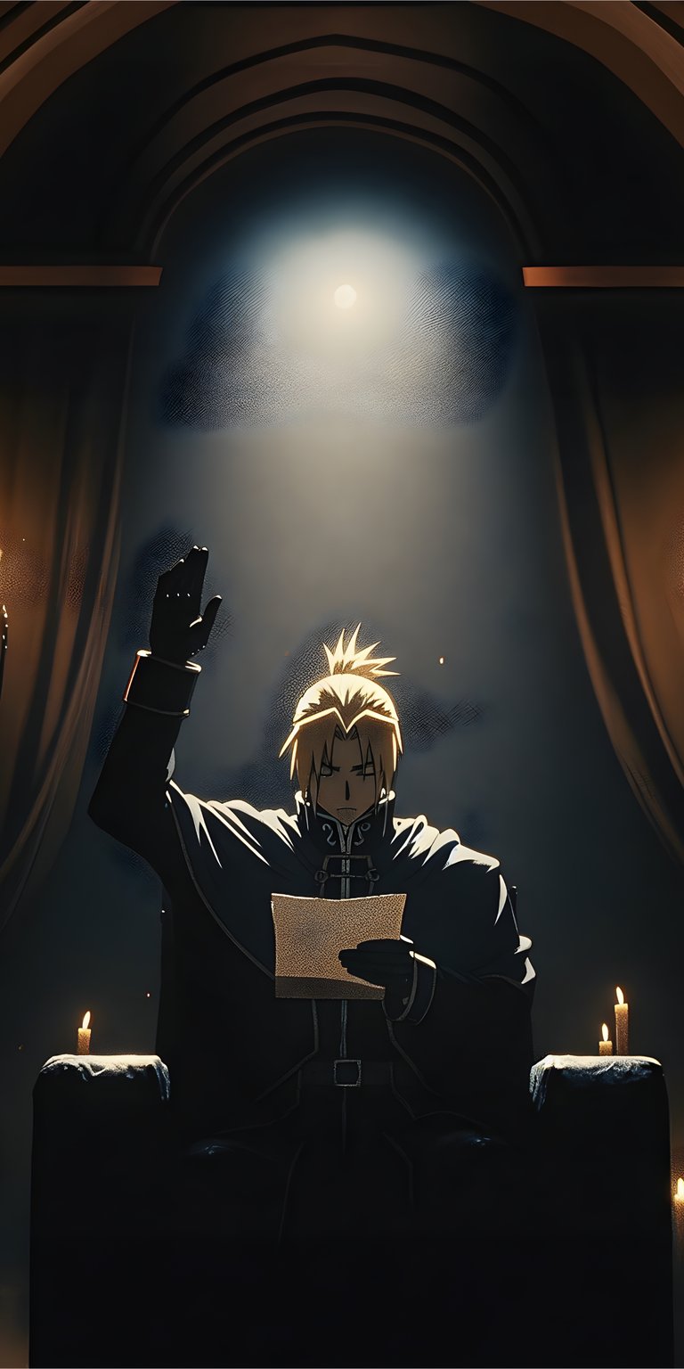 art person man dark hand room lamp torch fire anime king raised baldwin