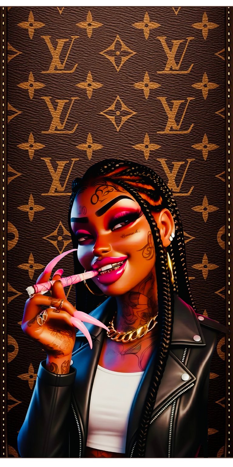 Get this LV girl 4K wallpaper for your iPhone, showcasing a stylish woman with bold pink makeup and extra long, matching pink nails against a classic LV monogram background. This wallpaper is perfect for adding a touch of luxury to your mobile device.