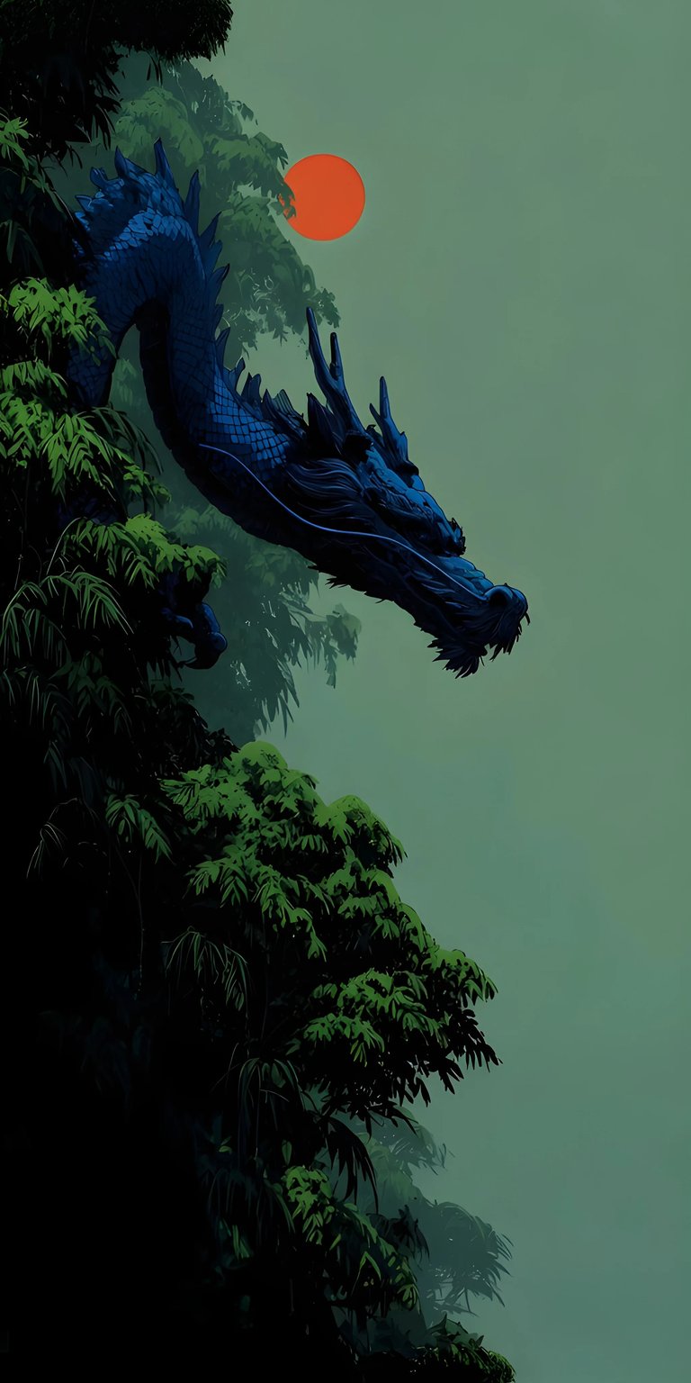 Download this majestic dragon wallpaper in stunning 4K for your iPhone! This wallpaper features a blue dragon perched among lush green trees with a vibrant red sun in the background.