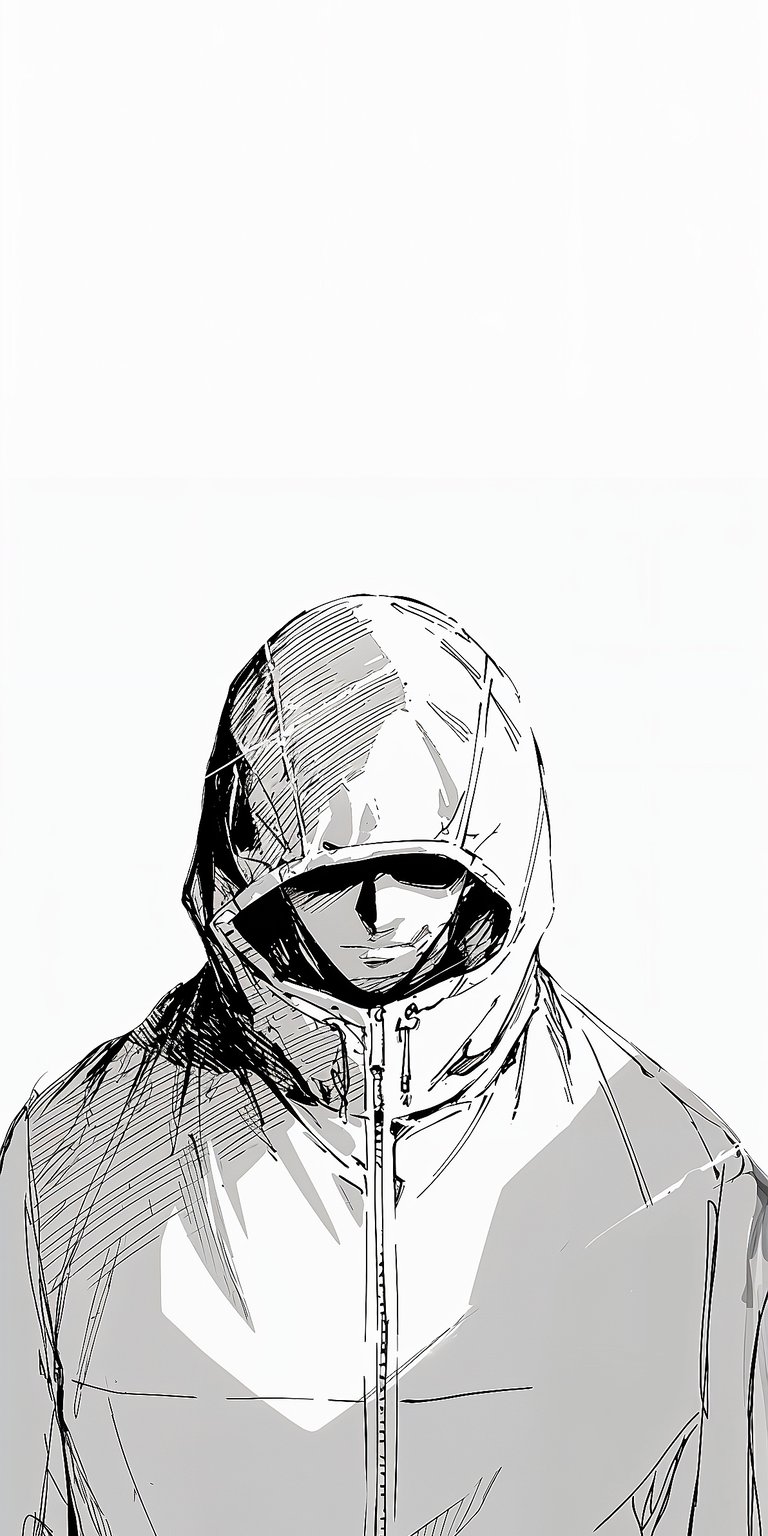 This crisp 4K wallpaper features Yuji Modulo cloaked in a hooded jacket, perfect for your iPhone. The stark contrast of the black and white sketch highlights the shadows under the hood and the texture of the jacket.
