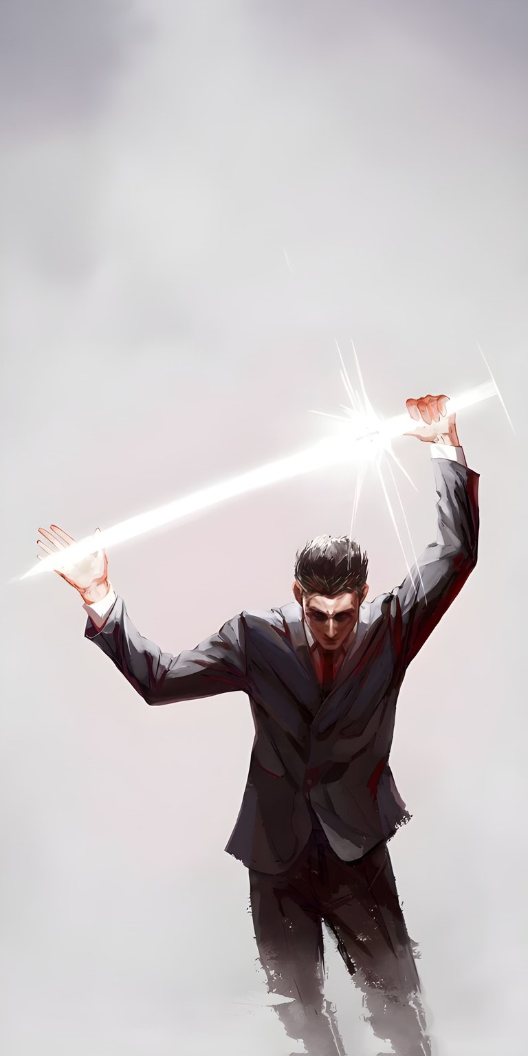 Enhance your iPhone with this striking Nanami Kento 4K wallpaper, showcasing him in a suit. This wallpaper captures Nanami holding a radiant, glowing energy bar above his head against a soft gradient background.