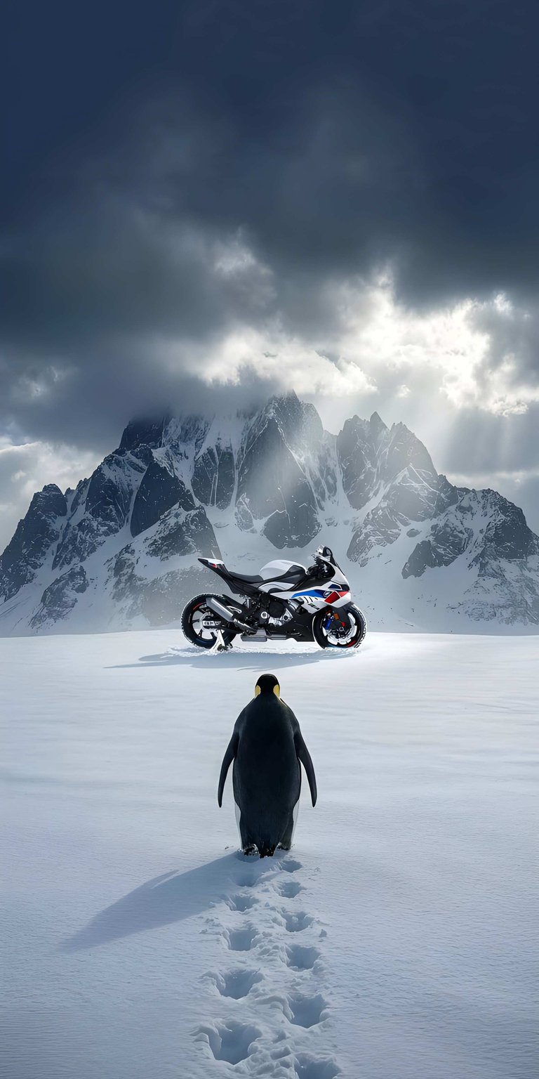 Experience high-octane style with this BMW Motorcycle 4K wallpaper set against a vast, sun-streaked glacial landscape. This mobile wallpaper features metallic reflections, realistic snow textures, and a penguin companion for a truly unique aesthetic.