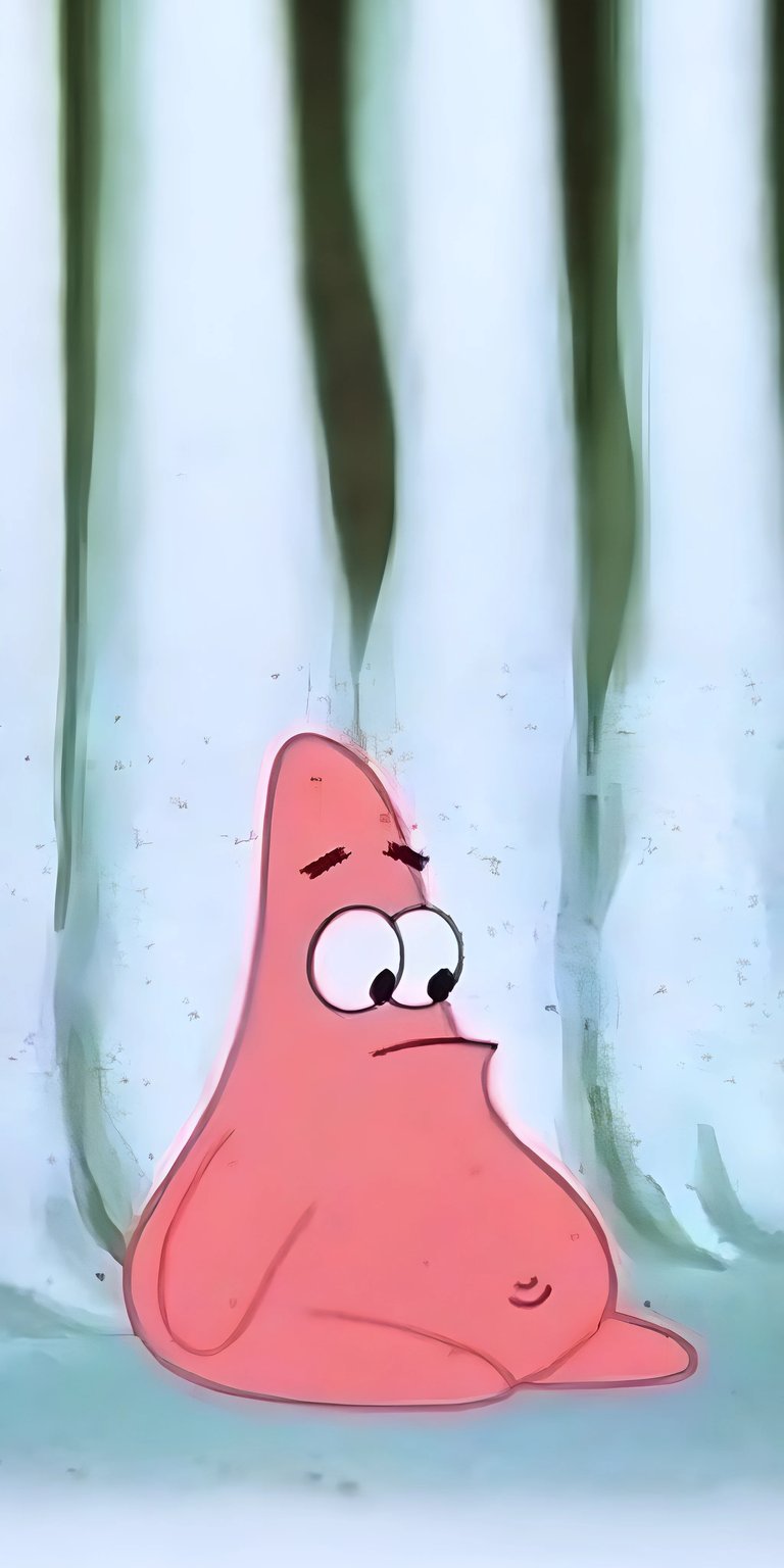 Download this Patrick Star 4K wallpaper for your iPhone, featuring a sullen Patrick with downcast eyes. This delightful wallpaper captures Patrick in front of blurred white and green vertical bands.