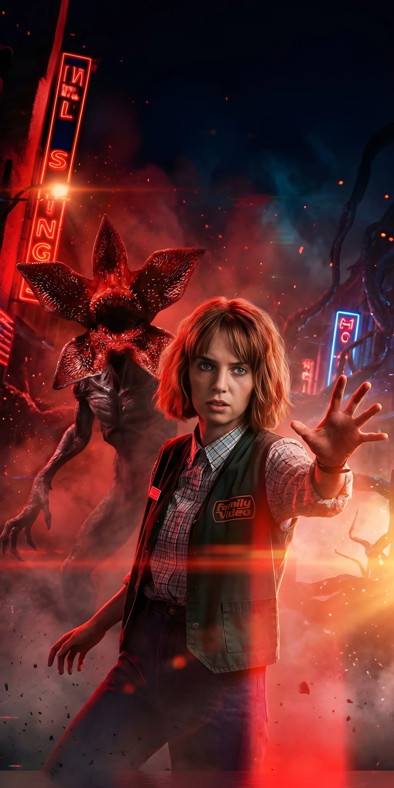 Download this compelling Robin Buckley 4K wallpaper for your iPhone, showcasing Robin confronting a Demogorgon amidst a neon-lit, smoky backdrop. This stunning wallpaper captures Robin's determination as she stands against the otherworldly threat.