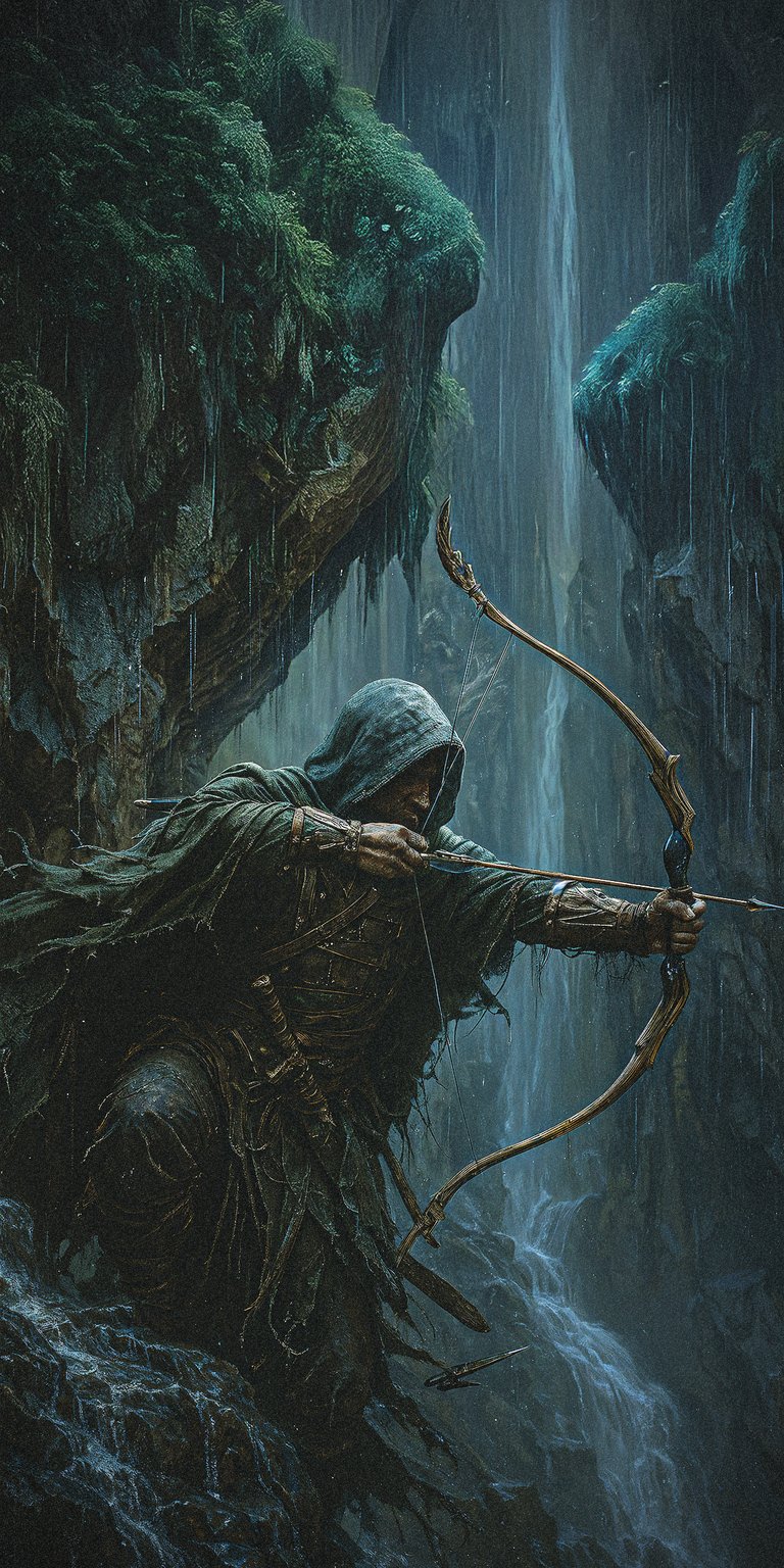 Download this Ranger 4K wallpaper for your iPhone, featuring a hooded archer drawing his bow amidst a misty, waterfall-filled chasm. This wallpaper highlights the Ranger's worn tunic and quiver full of arrows.