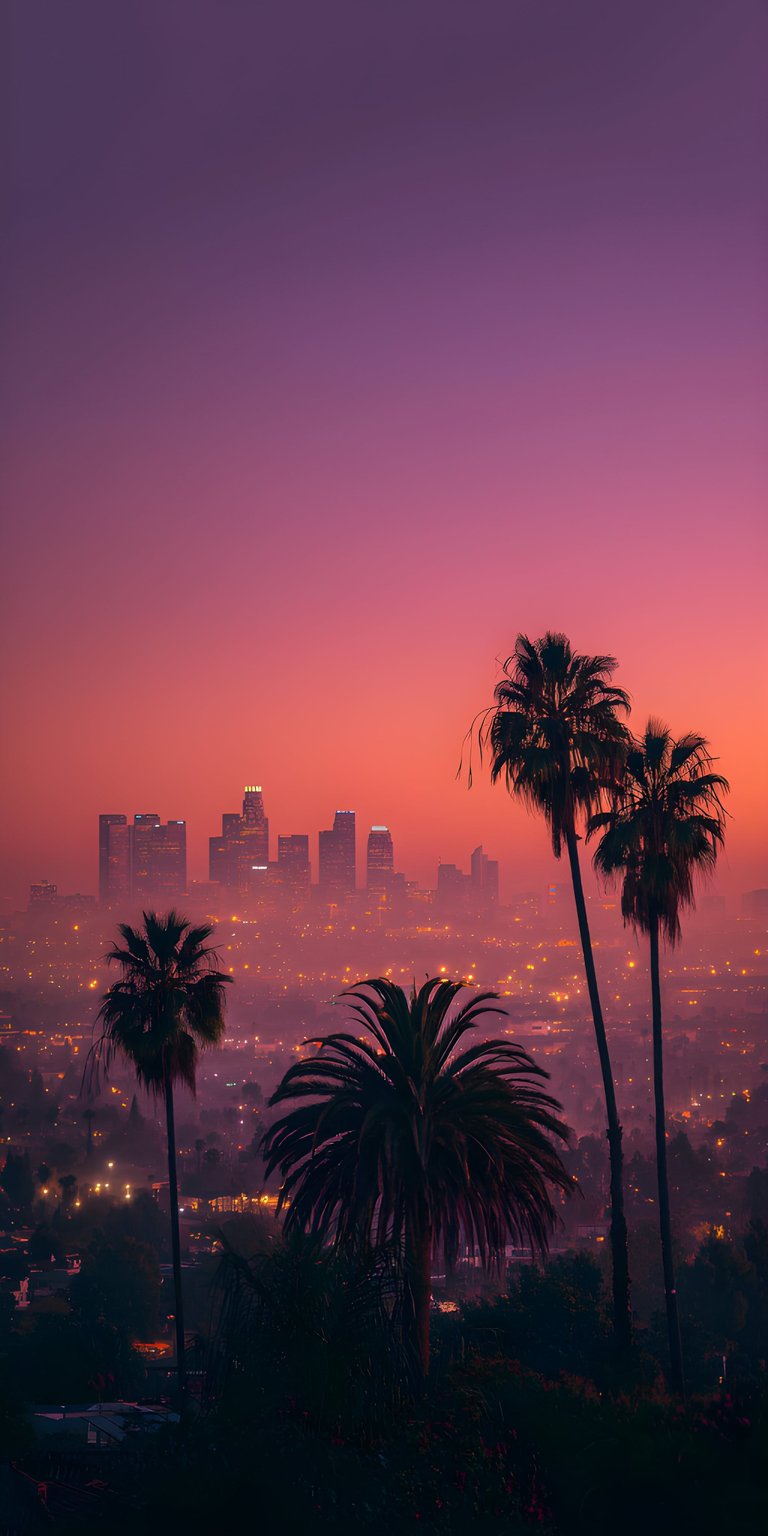 Los Angeles skyline wallpaper in an aesthetic wallpapers style, designed as a cinematic wallpaper for iPhone displays. This wallpaper features purple-pink sunset skies, glowing city lights, and a dreamy nighttime depth.