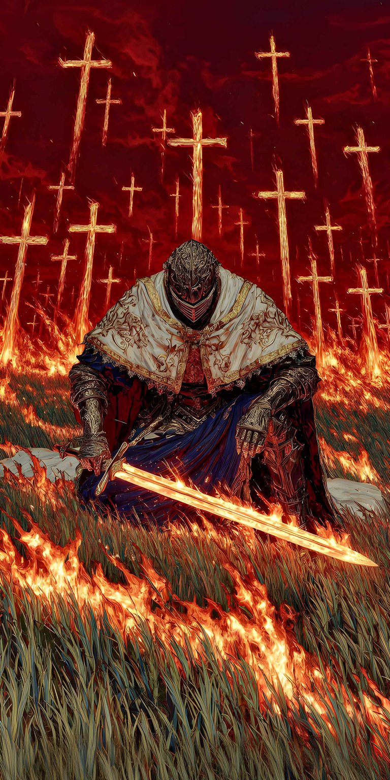 A somber, atmospheric piece showing a knight in the Fingerprint Set kneeling in a moment of respite or defeat. The "rain of fire" effect and the graveyard of crosses suggest the brutal difficulty and the many deaths faced on the journey to the Elden Throne. This artwork highlights the gritty, melancholic beauty of FromSoftware’s world-building.