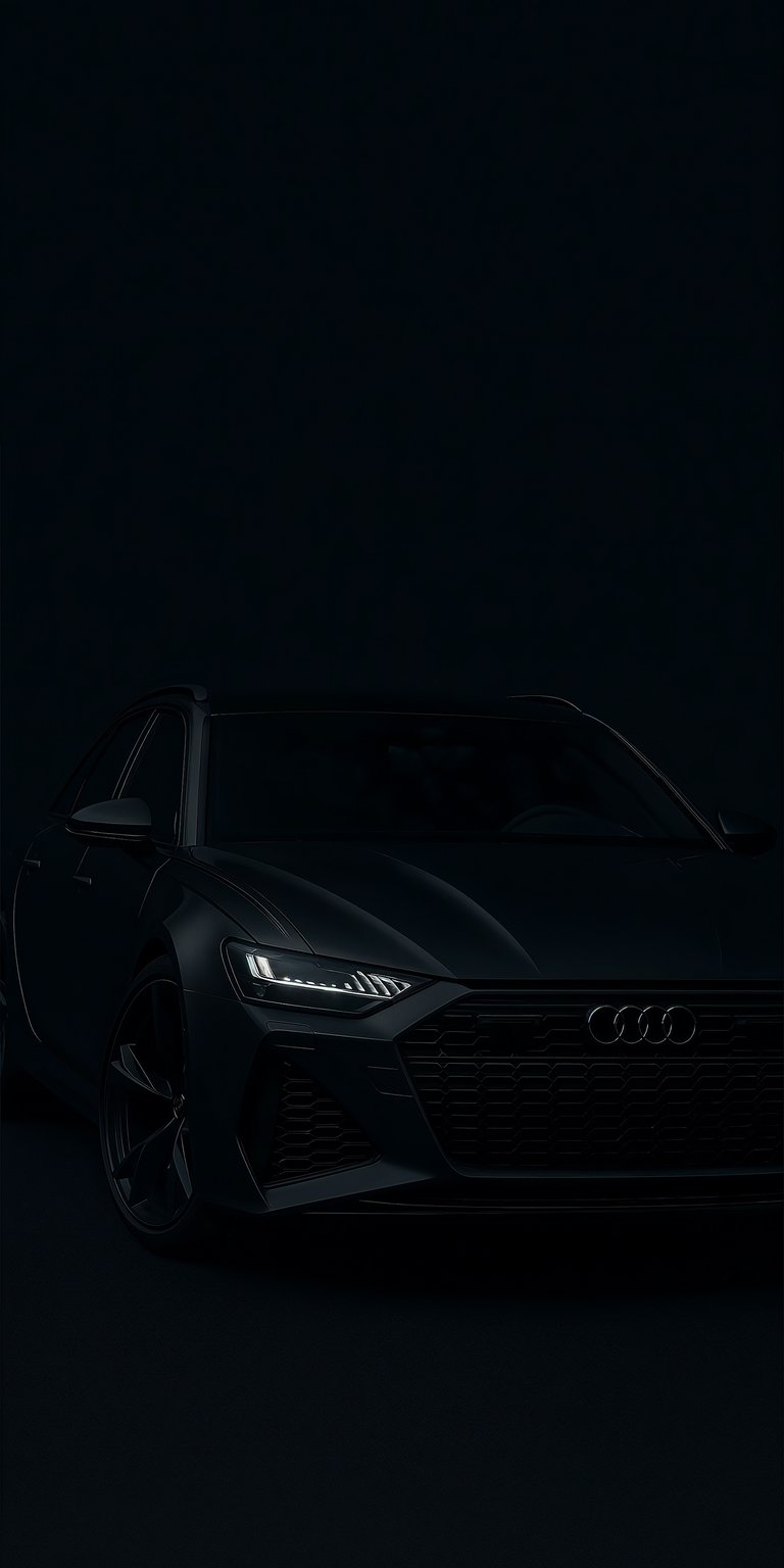 This 4K wallpaper features a sleek Audi RS6 cloaked in a deep matte black finish, perfect for your iPhone lock screen. Designed as an OLED / AMOLED wallpaper, the high-contrast lighting emphasizes the aggressive grille and sharp LED headlights against a pitch-black background.