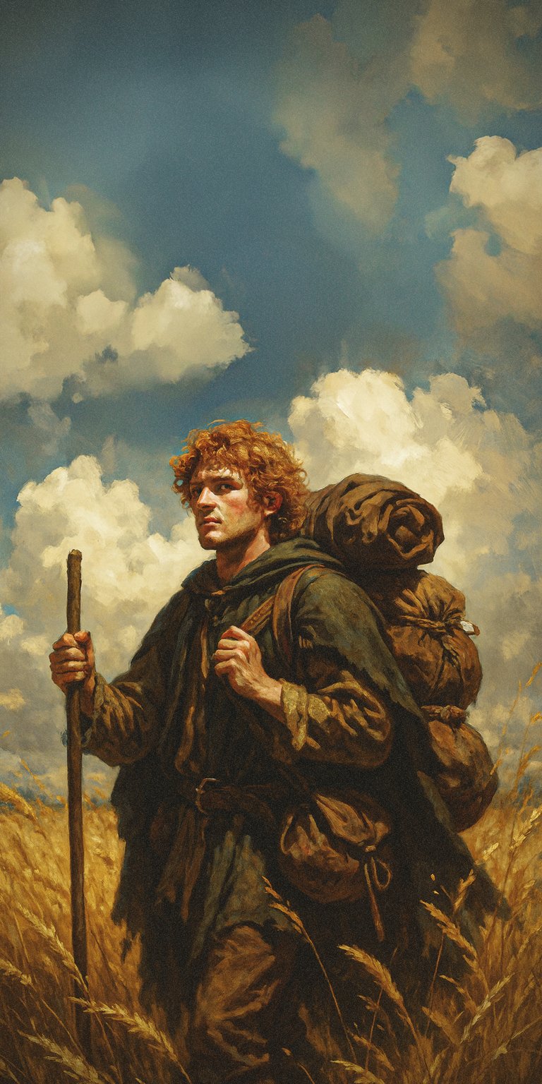 Download this stunning Frodo Baggins 4K wallpaper for your iPhone, showcasing the hobbit in a field of wheat. Notice the bundled pack on his back and the walking stick he carries against a backdrop of cloudy skies, making this wallpaper a must-have.