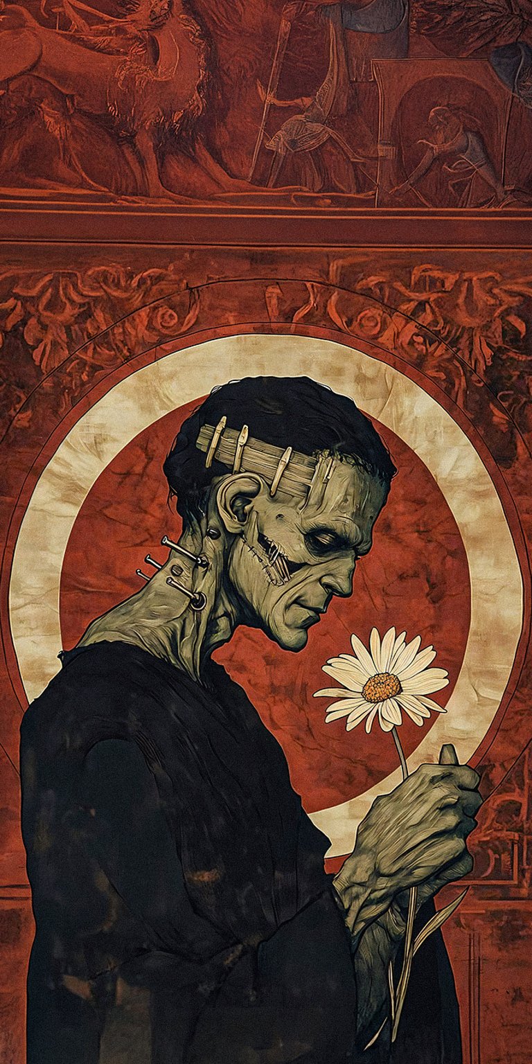 A poignant and iconic illustration of the Creature from Frankenstein, inspired by the Boris Karloff film portrayal, holding a single daisy. This art piece evokes themes of innocence and tragedy in the classic horror story and is popular in gothic aesthetic and alternative communities. Perfect for fans of classic horror and those seeking a bold, high-contrast home screen. Works beautifully on iPhone, Android, and AMOLED displays.