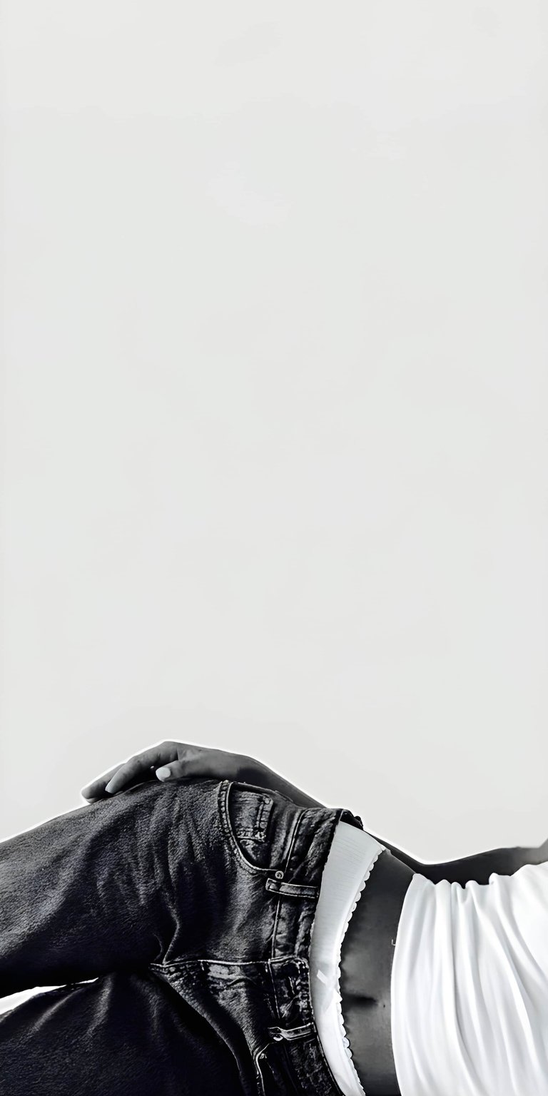 Download this stunning 4K wallpaper for your iPhone, showcasing a woman in jeans and a white top. The wallpaper captures the details of the denim texture, the delicate fabric of the top, and the woman's hand resting on her knee.