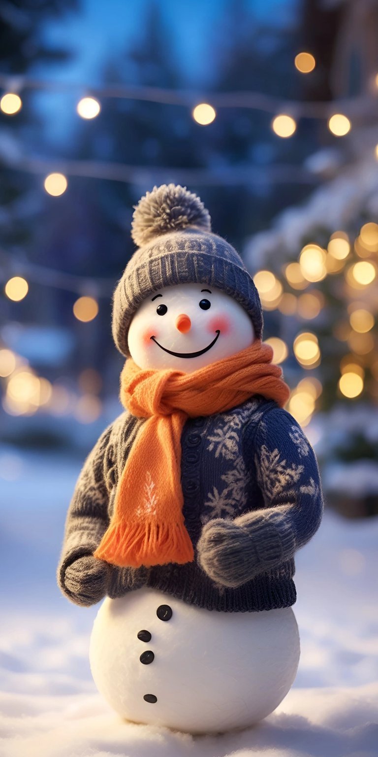 Brighten your iPhone with this cheerful Snowman 4K wallpaper, featuring a snowy scene and warm holiday lights. The snowman sports a gray knit hat and orange scarf, and his sweater is adorned with snowflake patterns.