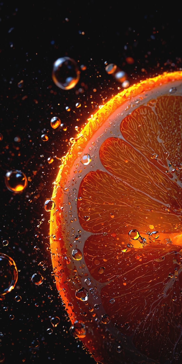 Download this stunning 4K orange wallpaper for your iPhone, featuring a close-up of a vibrant slice, glistening with water droplets against a dark background. The citrus's segmented texture and illuminated rind create a refreshing visual.