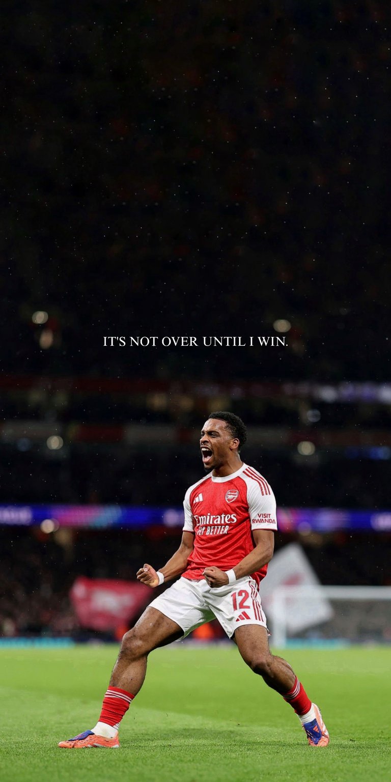 An inspiring 4K live wallpaper featuring Arsenal defender Jurrien Timber celebrating his goal in the number 12 jersey, with the motivational text "IT'S NOT OVER UNTIL I WIN." This high-definition background is perfect for football fans looking for a dynamic and inspiring phone background.