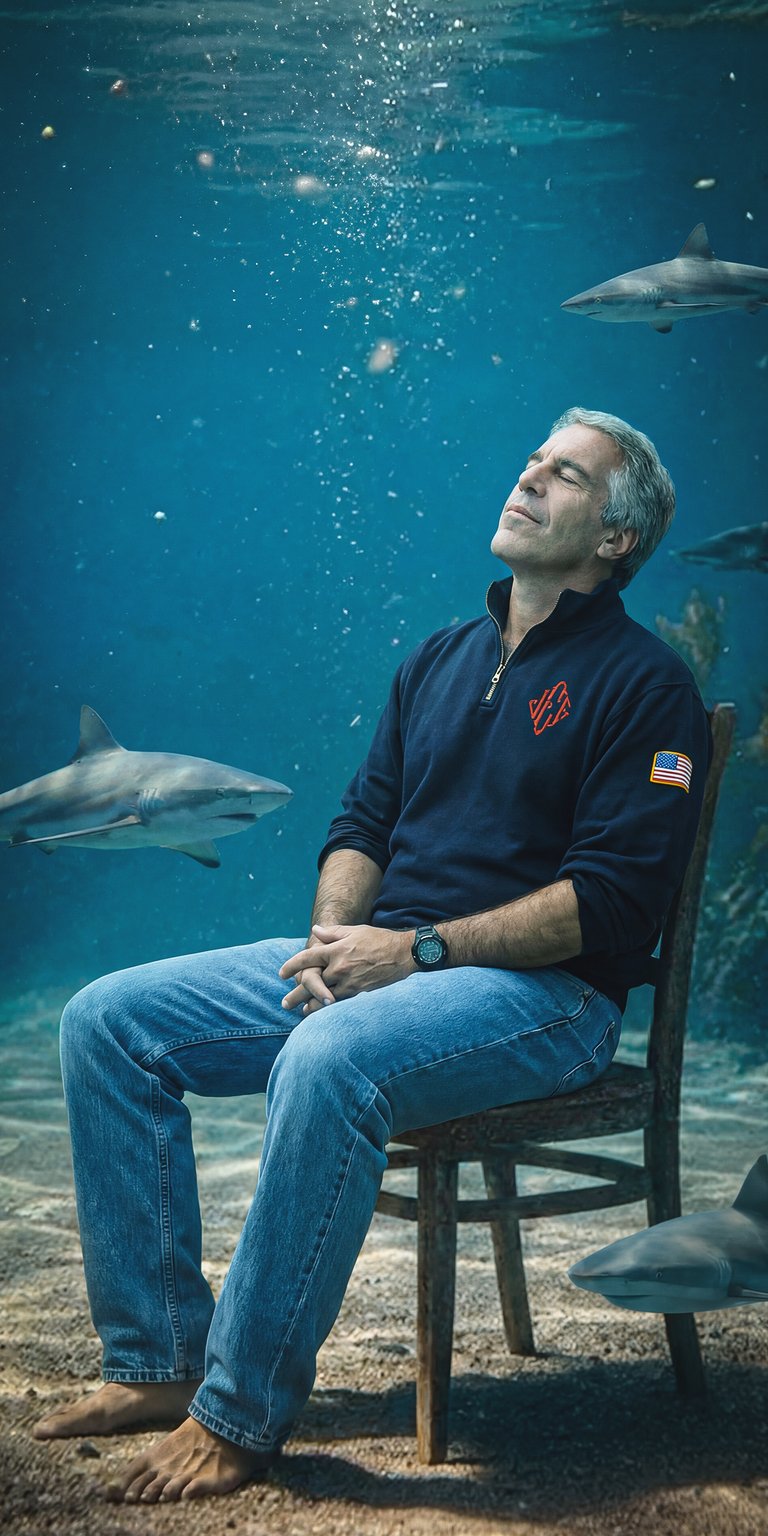This Jeffrey Epstein and Sharks 4K wallpaper features a serene underwater scene with a seated figure surrounded by marine life. It is an ideal aesthetic wallpaper for iPhone users looking for a unique, surrealist high-definition background.