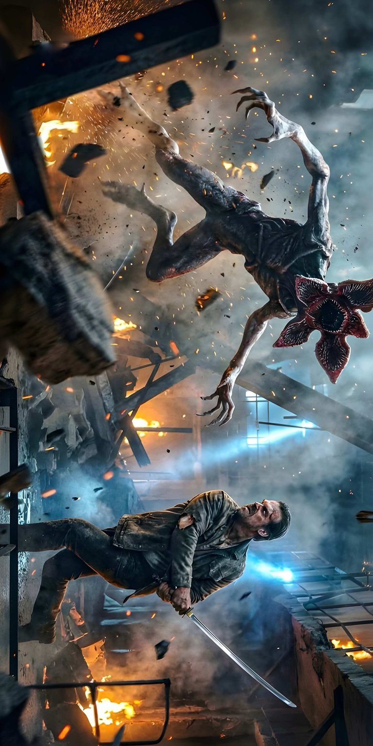 Download this Hopper vs. Demogorgon 4K wallpaper for your iPhone today! This intense wallpaper features a gritty, explosive scene with blue light beams and floating debris.