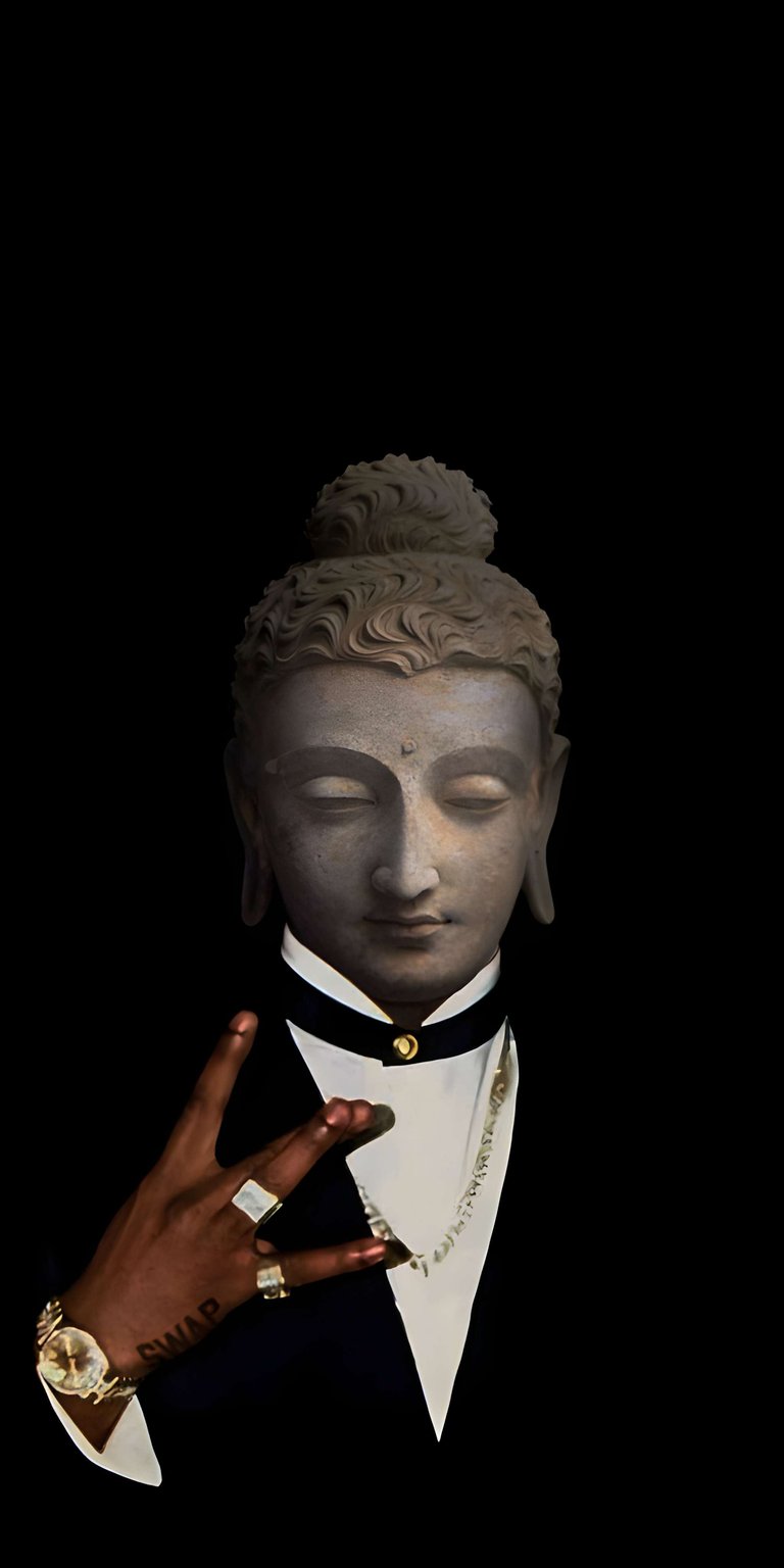 This aesthetic wallpaper features a unique, modern interpretation of a Buddha statue wearing a sleek black suit and gold jewelry. Designed for iPhone, this 4K wallpaper utilizes high contrast and deep black tones to create a sophisticated, high-end mood for your device.